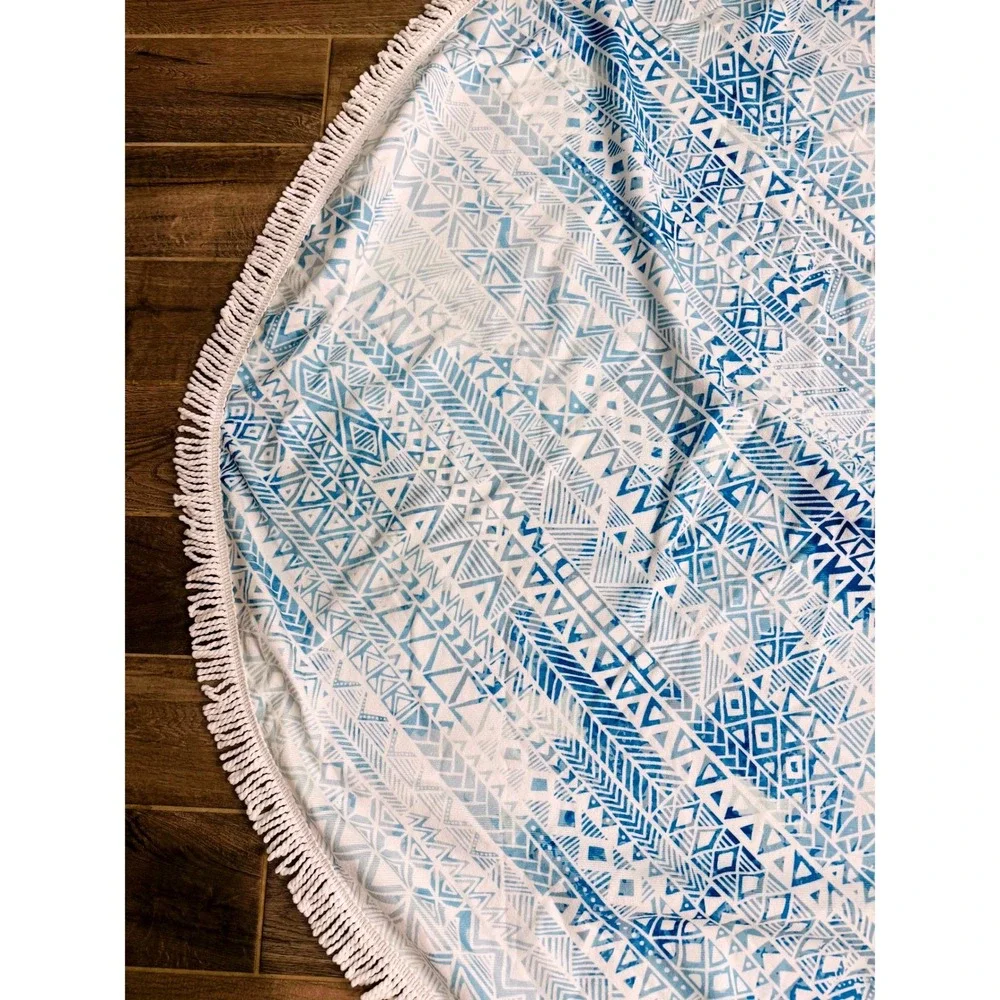 DSW Round Beach Towel Blue Geometric Mandala Fringe 60
